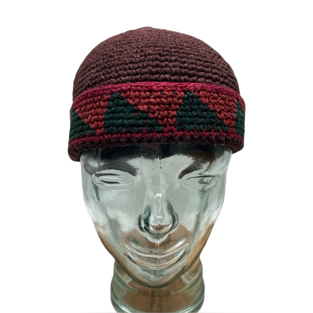 HANDMADE Crochet Kufi Skull Cap Adult OS Boho Tribal Fishermans Watch Hat Red